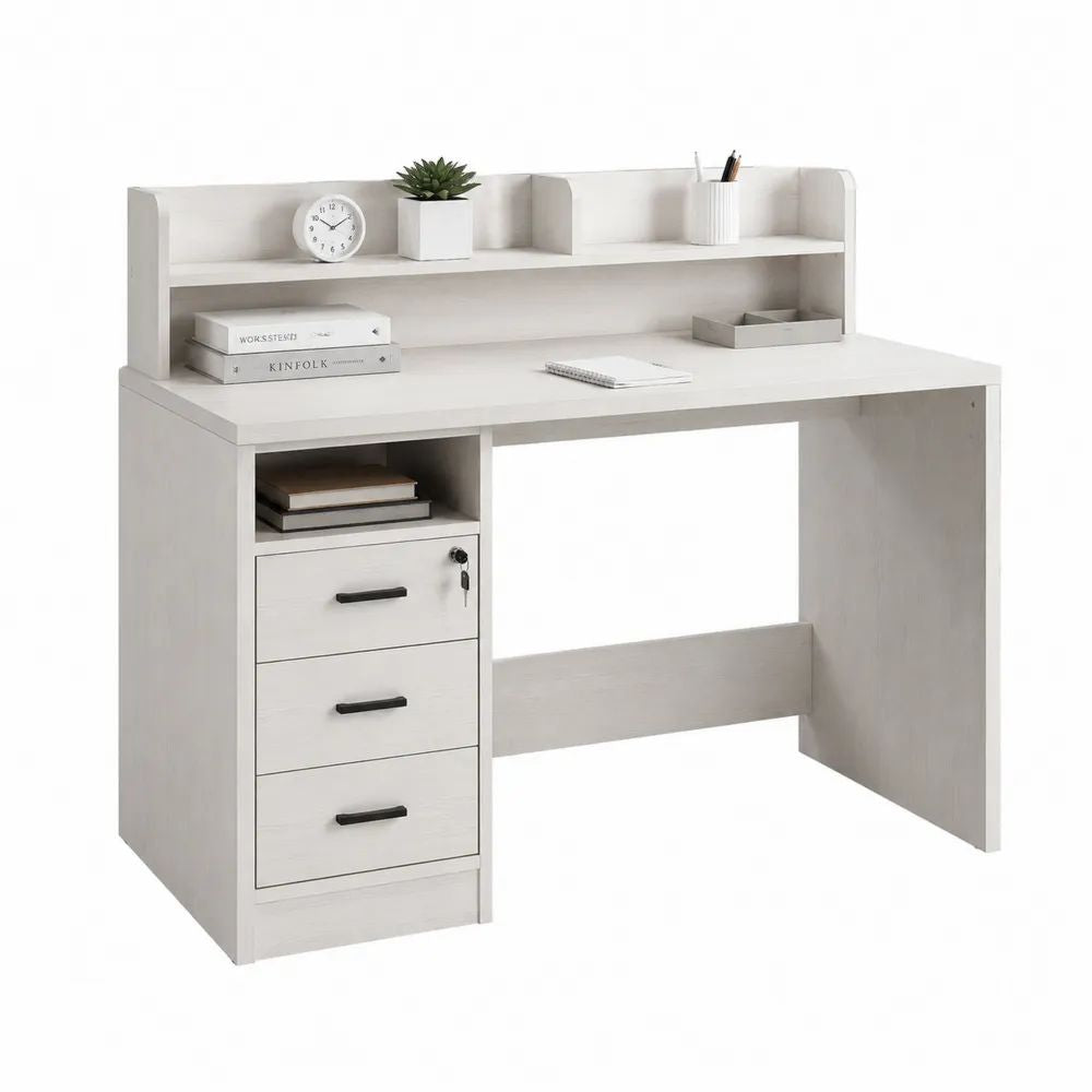 Bureau rectangulaire en panneaux de particules mélaminés blanc et noir avec 3 tiroirs, serrure et étagère, 120 × 55 × 117 cm