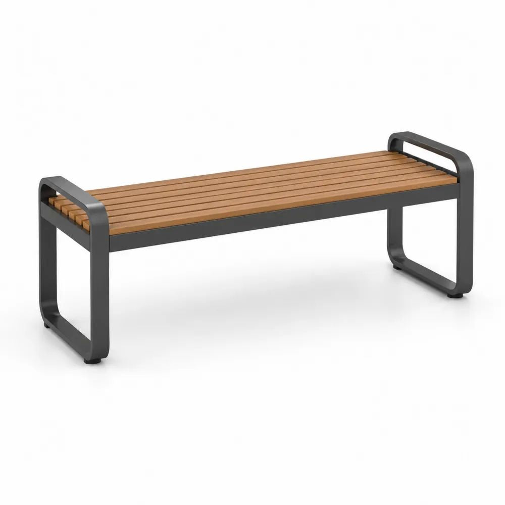 Banc de jardin extérieur sans dossier 3 places en bois d’acacia massif et acier thermolaqué, brun et gris anthracite, 150 × 40 × 60 cm