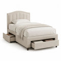 Lit simple en tissu beige avec tête de lit rembourrée, sommier à lattes et 2 tiroirs, couchage 90 × 190 cm, dimensions 205 × 103 × 120 cm