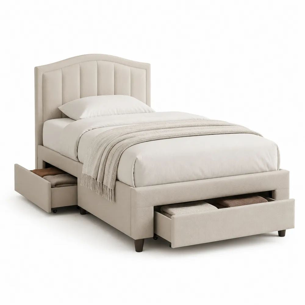 Lit simple en tissu beige avec tête de lit rembourrée, sommier à lattes et 2 tiroirs, couchage 90 × 190 cm, dimensions 205 × 103 × 120 cm