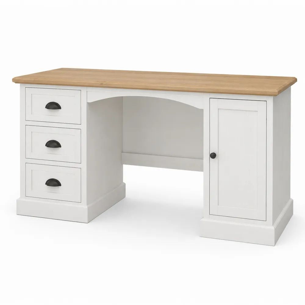 Bureau droit en pin massif et MDF avec 3 tiroirs et 1 porte, blanc et pin naturel, 120 × 55 × 76 cm
