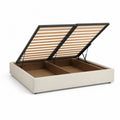 Lit coffre double beige 180 x 200 cm en tissu et acier, double sommier relevable, dimensions 210 x 190 x 35 cm