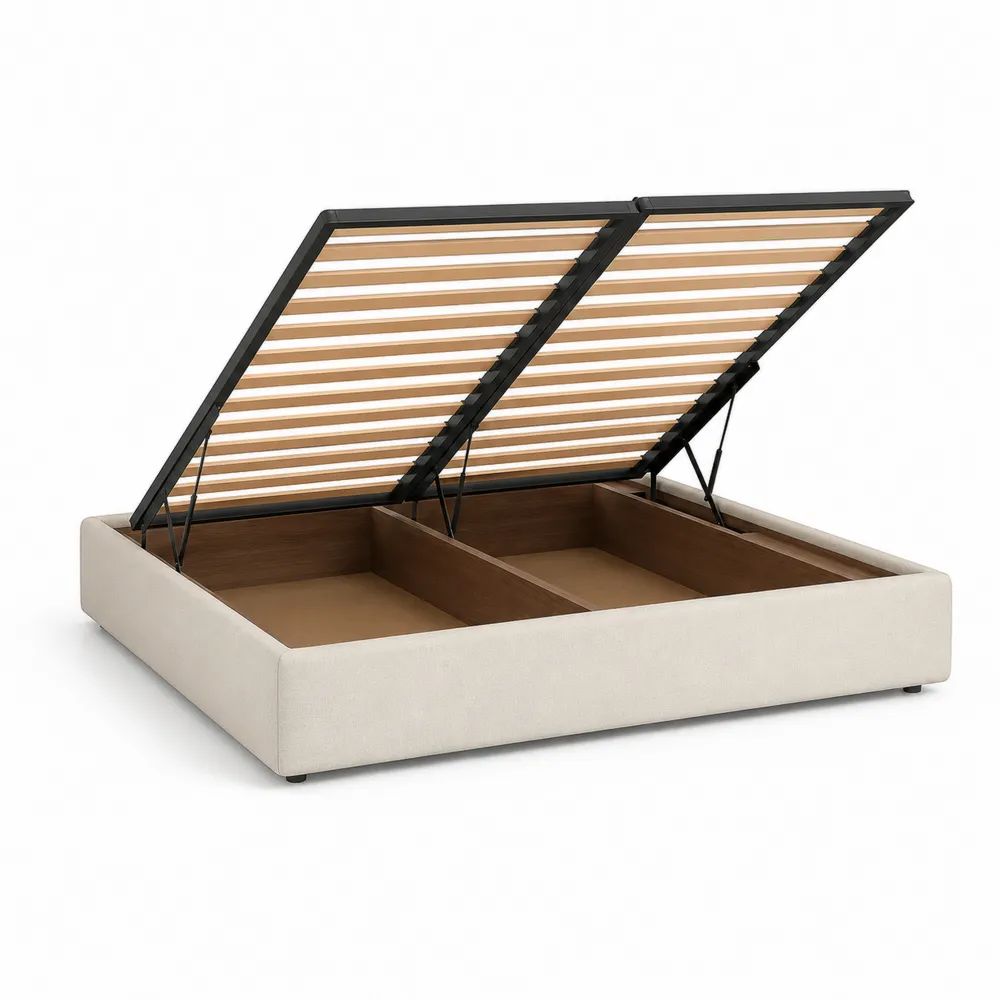 Lit coffre double beige 180 x 200 cm en tissu et acier, double sommier relevable, dimensions 210 x 190 x 35 cm