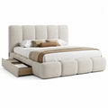 Lit double 160 x 200 cm en tissu blanc cassé avec tête de lit rembourrée, sommier et 2 tiroirs, dimensions hors tout 230 x 198 x 125 cm