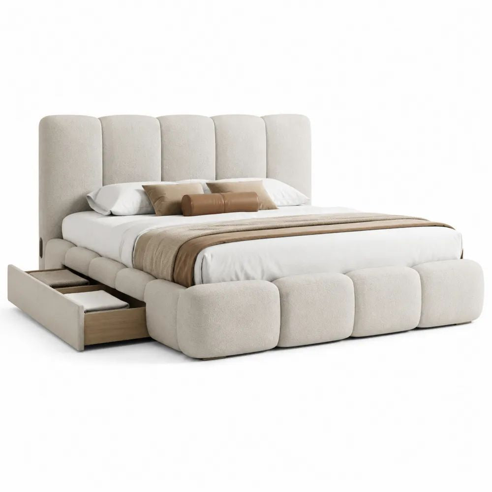 Lit double 160 x 200 cm en tissu blanc cassé avec tête de lit rembourrée, sommier et 2 tiroirs, dimensions hors tout 230 x 198 x 125 cm