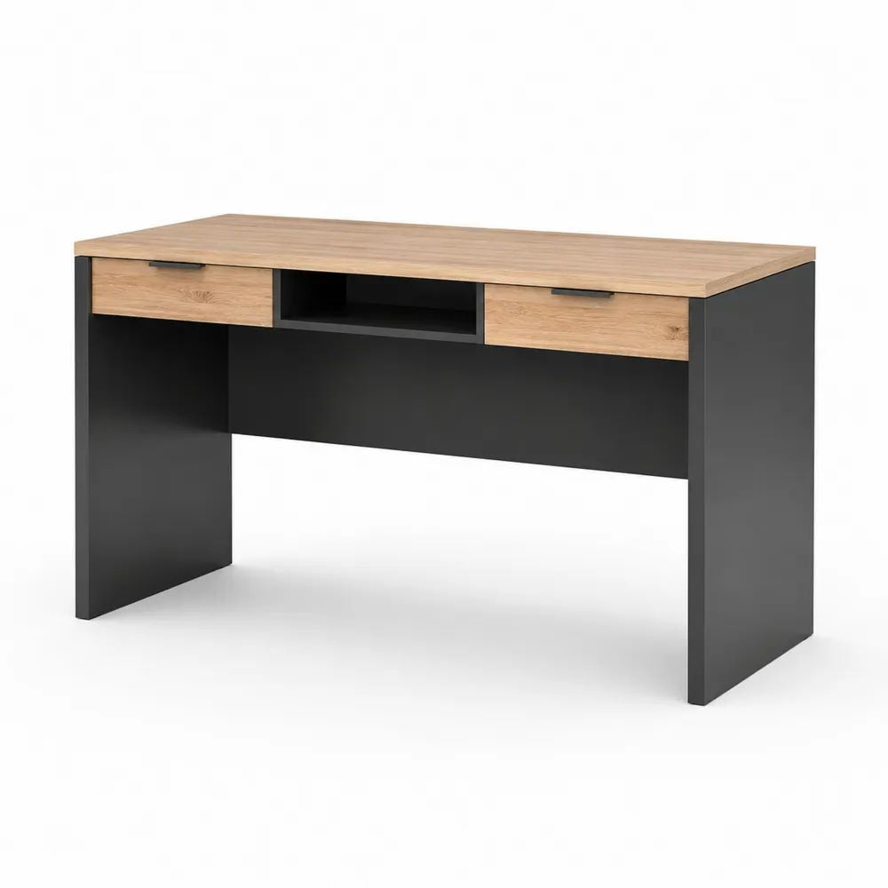 Bureau d’ordinateur rectangulaire en bois avec 2 tiroirs et niche centrale, noir et chêne clair, 120 × 60 × 75 cm