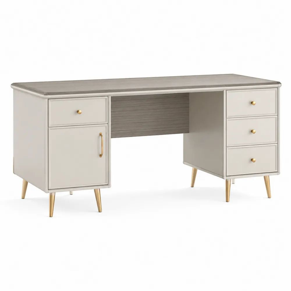 Bureau rectangulaire traditionnel en MDF et acier avec 4 tiroirs et 1 placard, beige gris et doré, 150 × 60 × 76 cm