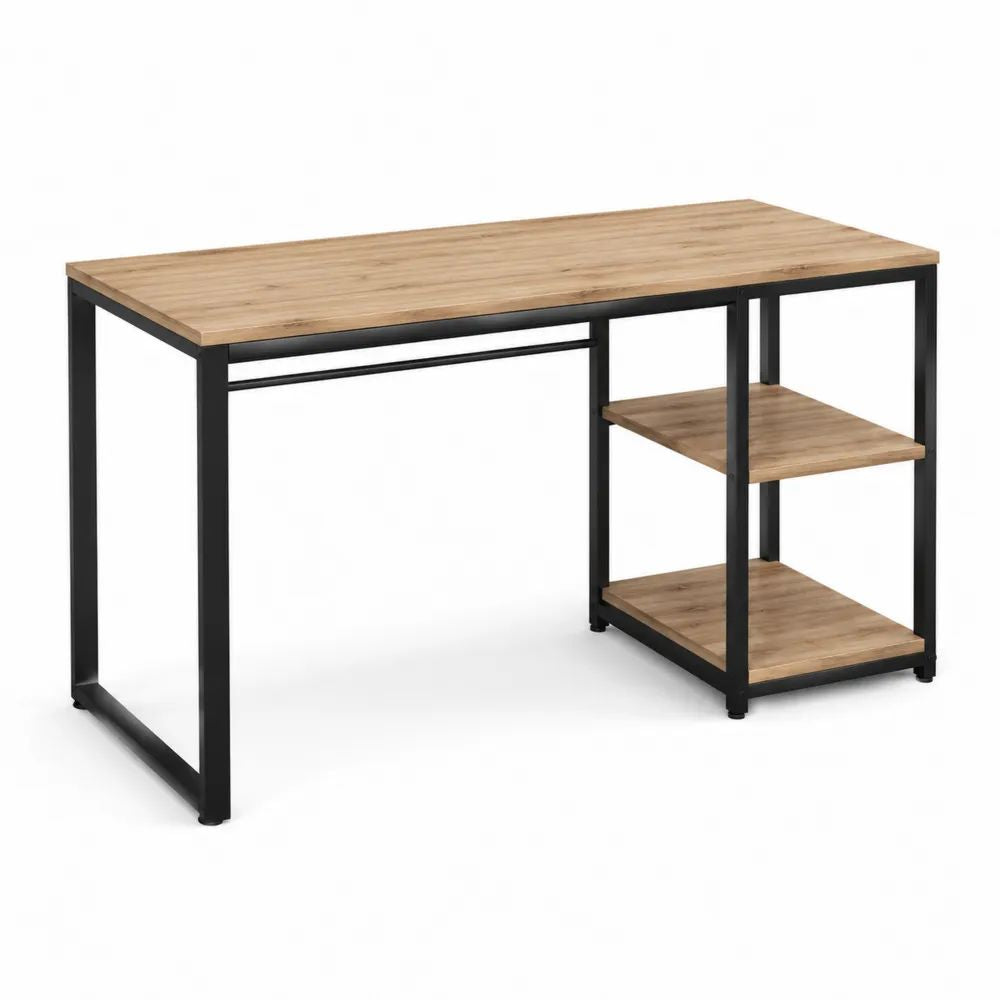 Bureau informatique rectangulaire en bois et acier avec 2 étagères, chêne naturel et noir, 120 × 60 × 75 cm