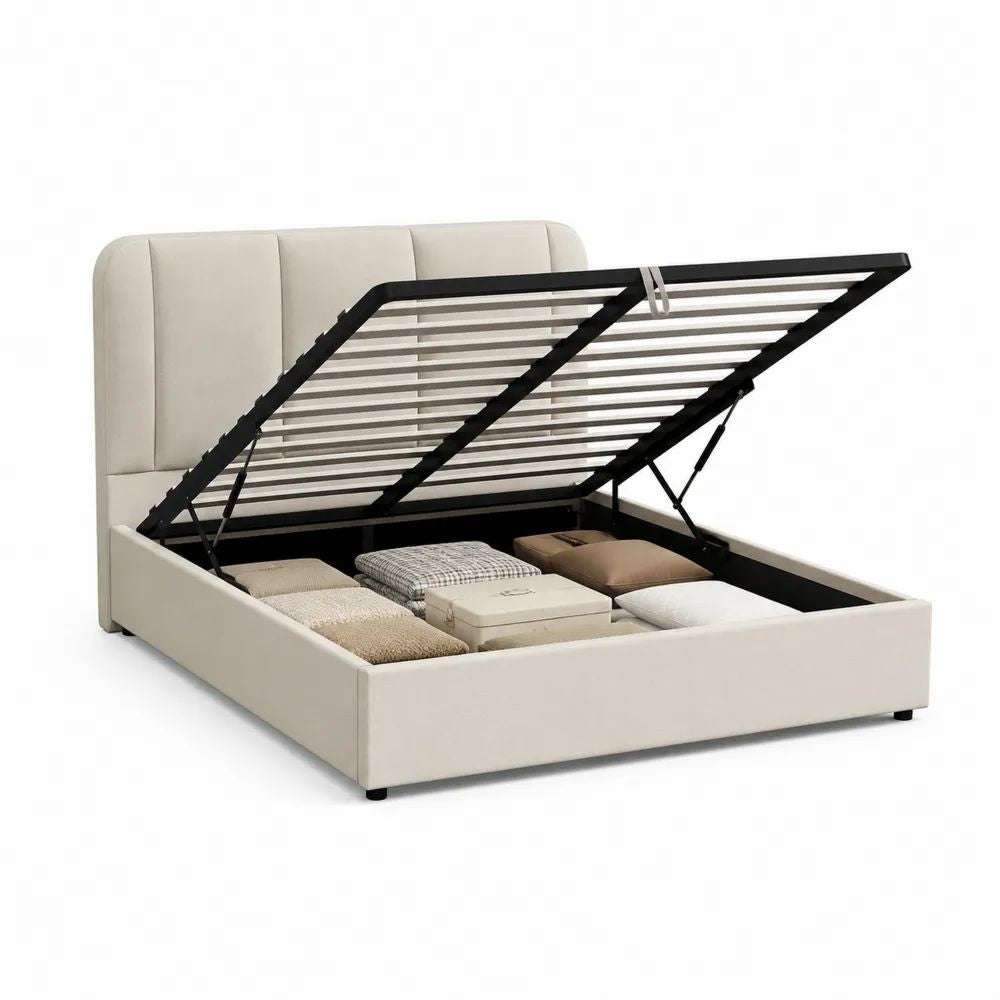 Lit coffre double 160 × 200 cm en polyester beige avec sommier à lattes relevable et cadre en acier noir