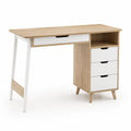 Bureau rectangulaire en bois et métal avec 4 tiroirs et niche, chêne clair et blanc, 120 x 60 x 76 cm