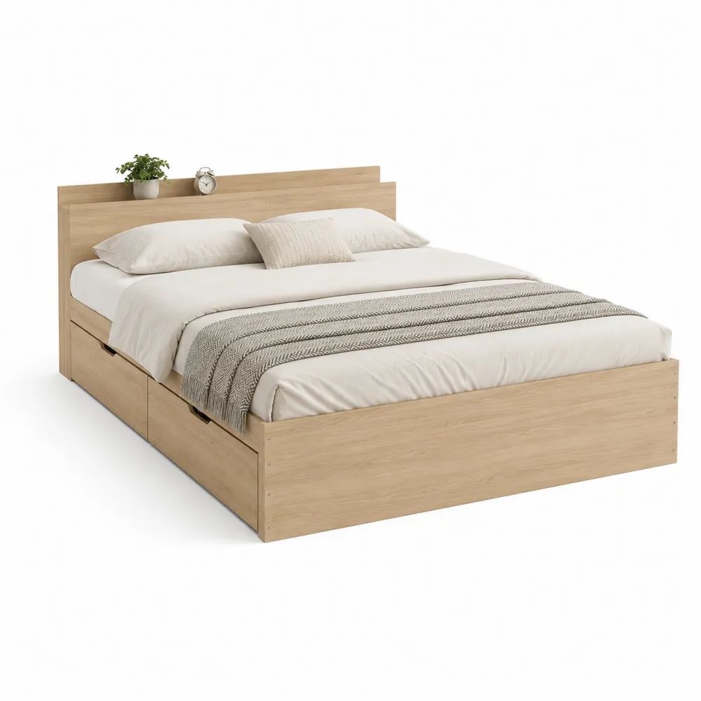 Lit double avec rangement en bois, couchage 160 x 200 cm, dimensions 217 x 166 x 100 cm, chêne clair, tête de lit avec étagère