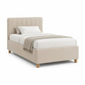 Lit simple rembourré beige en velours polyester, couchage 90 x 190 cm, cadre 203 x 99 x 110 cm avec tête de lit