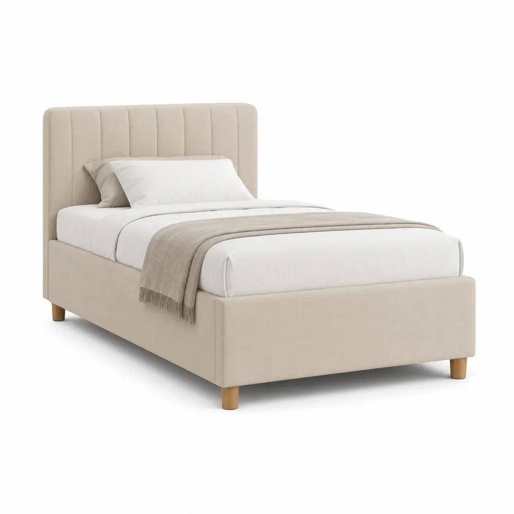Lit simple rembourré beige en velours polyester, couchage 90 x 190 cm, cadre 203 x 99 x 110 cm avec tête de lit