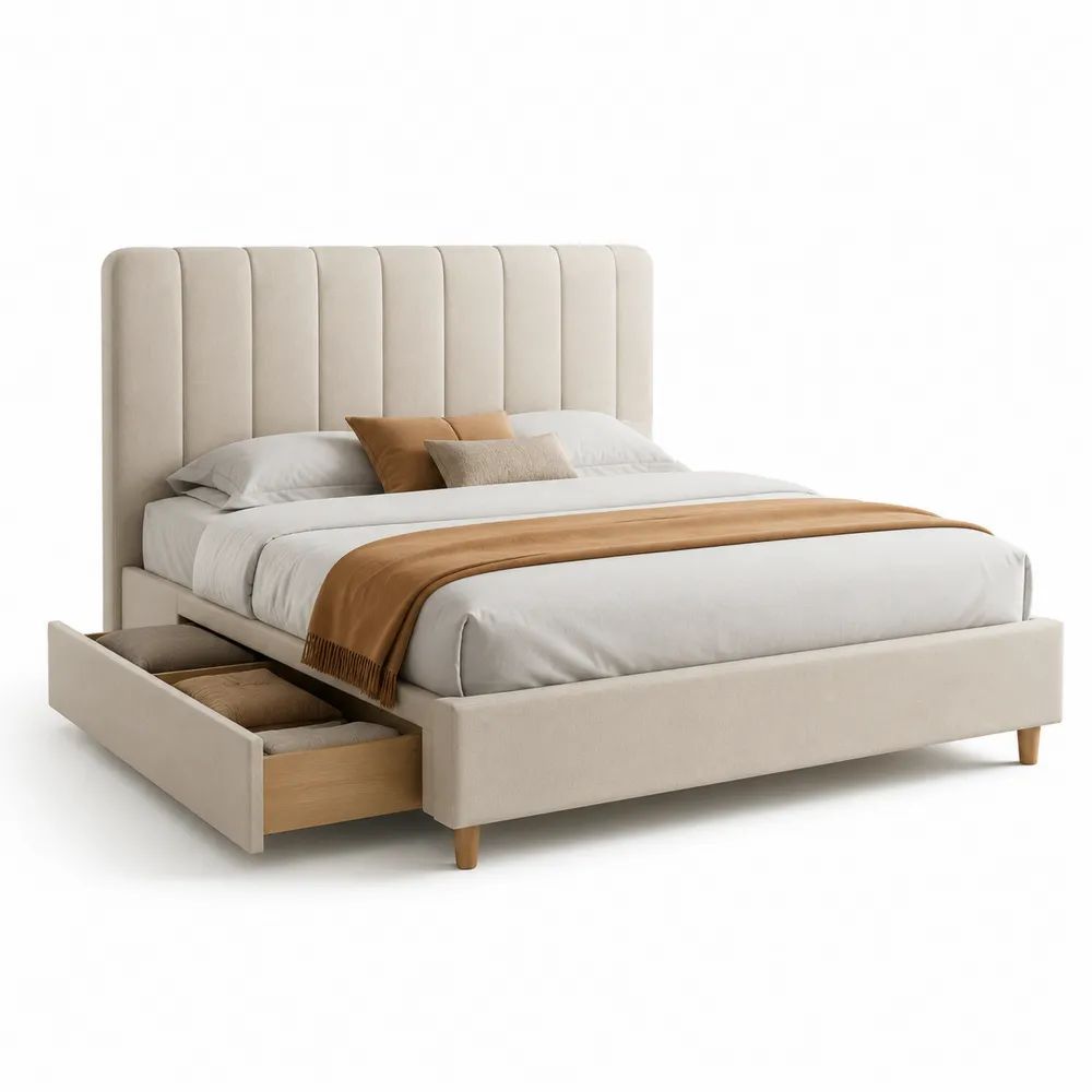 Lit double rectangulaire en tissu beige clair avec tête de lit rembourrée et tiroir de rangement, couchage 160 x 200 cm