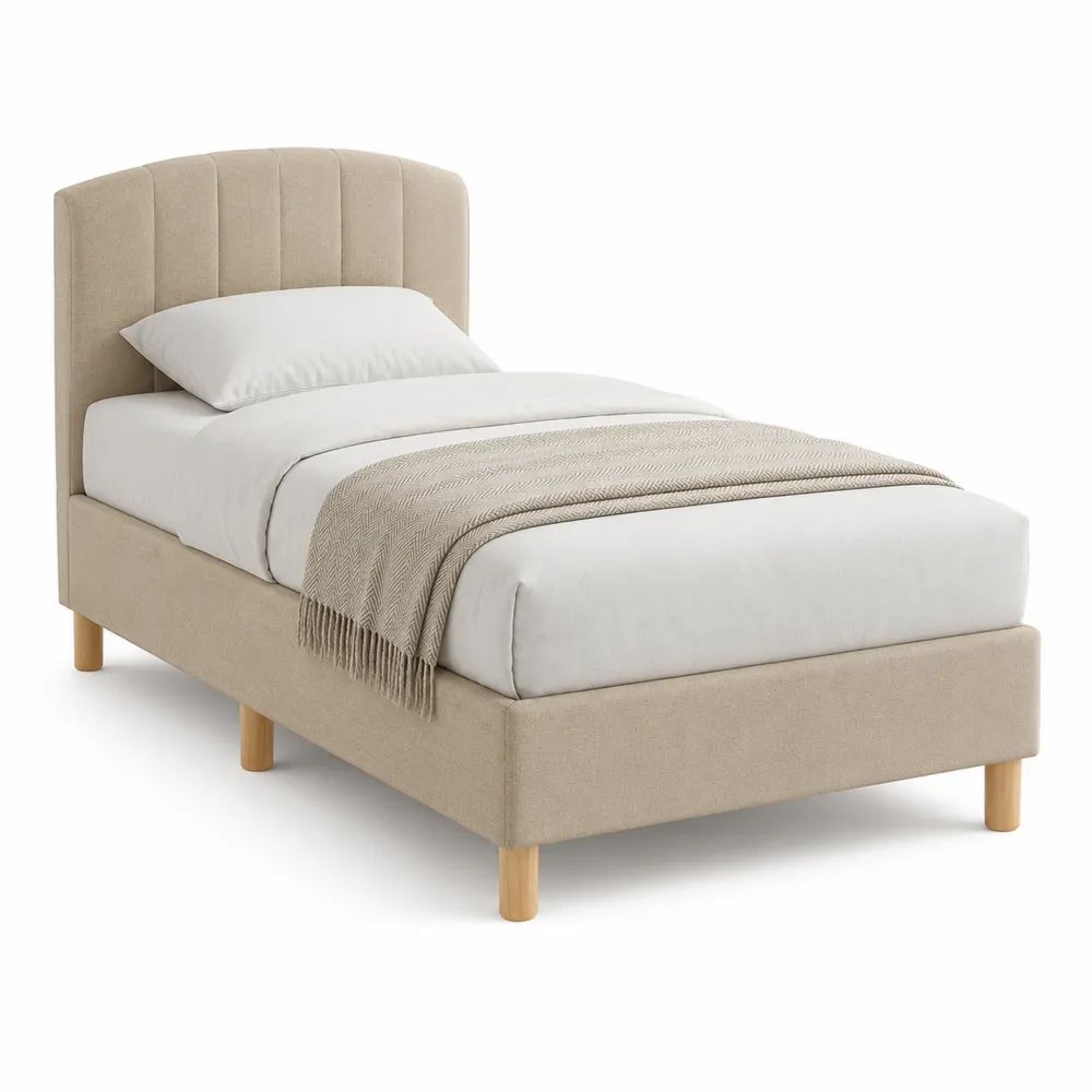 Lit simple rembourré beige 90 x 190 cm en tissu avec tête de lit à panneaux verticaux et pieds en bois clair