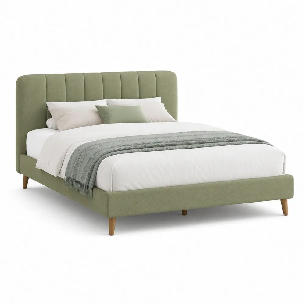 Lit double rembourré vert sauge 160 × 200 cm avec sommier à lattes et tête de lit cannelée