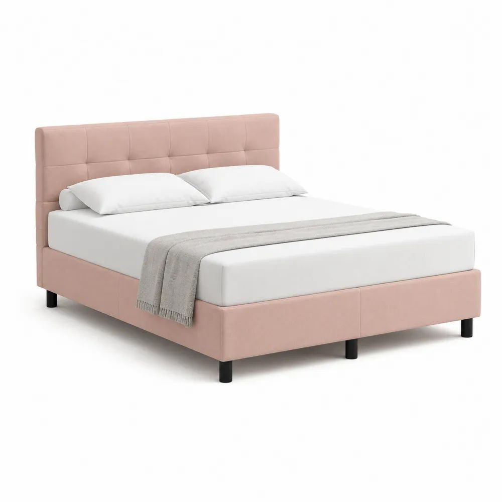 Cadre de lit double rembourré 160 x 200 cm en polyester avec tête de lit capitonnée, rose poudré