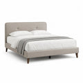 Lit double 160 x 200 cm en tissu beige avec tête de lit capitonnée et pieds en bois brun foncé