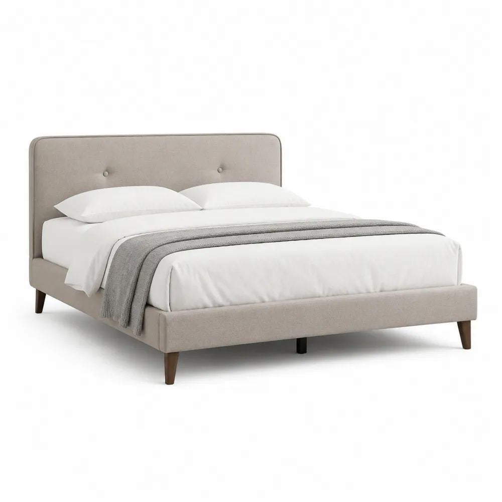 Lit double 160 x 200 cm en tissu beige avec tête de lit capitonnée et pieds en bois brun foncé