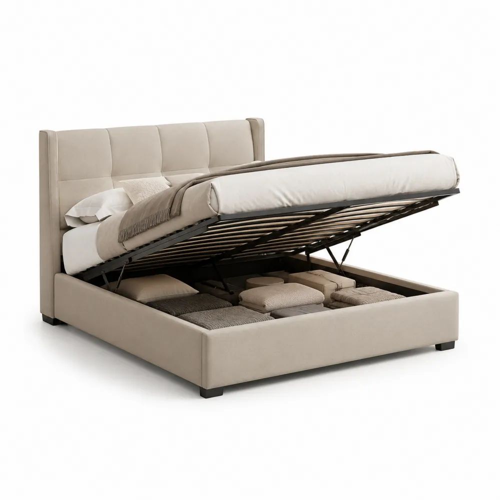 Lit coffre double 160 x 200 cm en polyester beige avec tête de lit rembourrée et sommier relevable