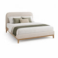 Lit double rembourré en tissu beige et bois naturel 160 × 200 cm avec tête de lit arrondie et sommier à lattes
