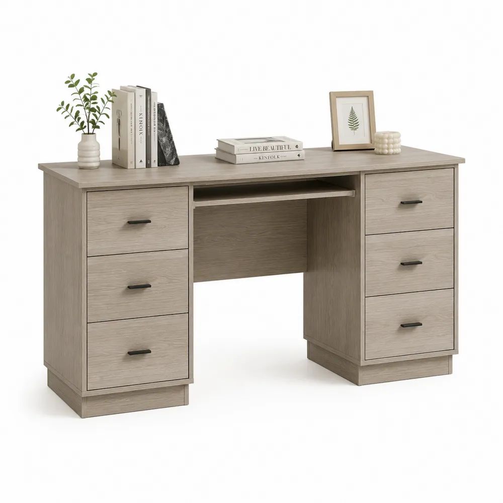 Bureau droit en panneaux de particules avec 6 tiroirs et tablette coulissante, chêne gris et noir, 140 x 60 x 76 cm