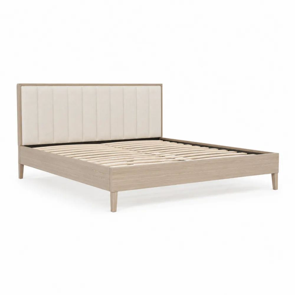 Cadre de lit double 160 x 200 cm en bois avec tête de lit rembourrée en tissu, chêne clair et beige