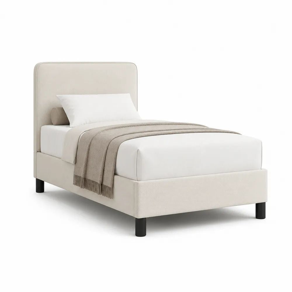 Lit simple rembourré beige clair avec tête de lit et sommier à lattes, couchage 90 × 190 cm, dimensions 201 × 99 × 105 cm