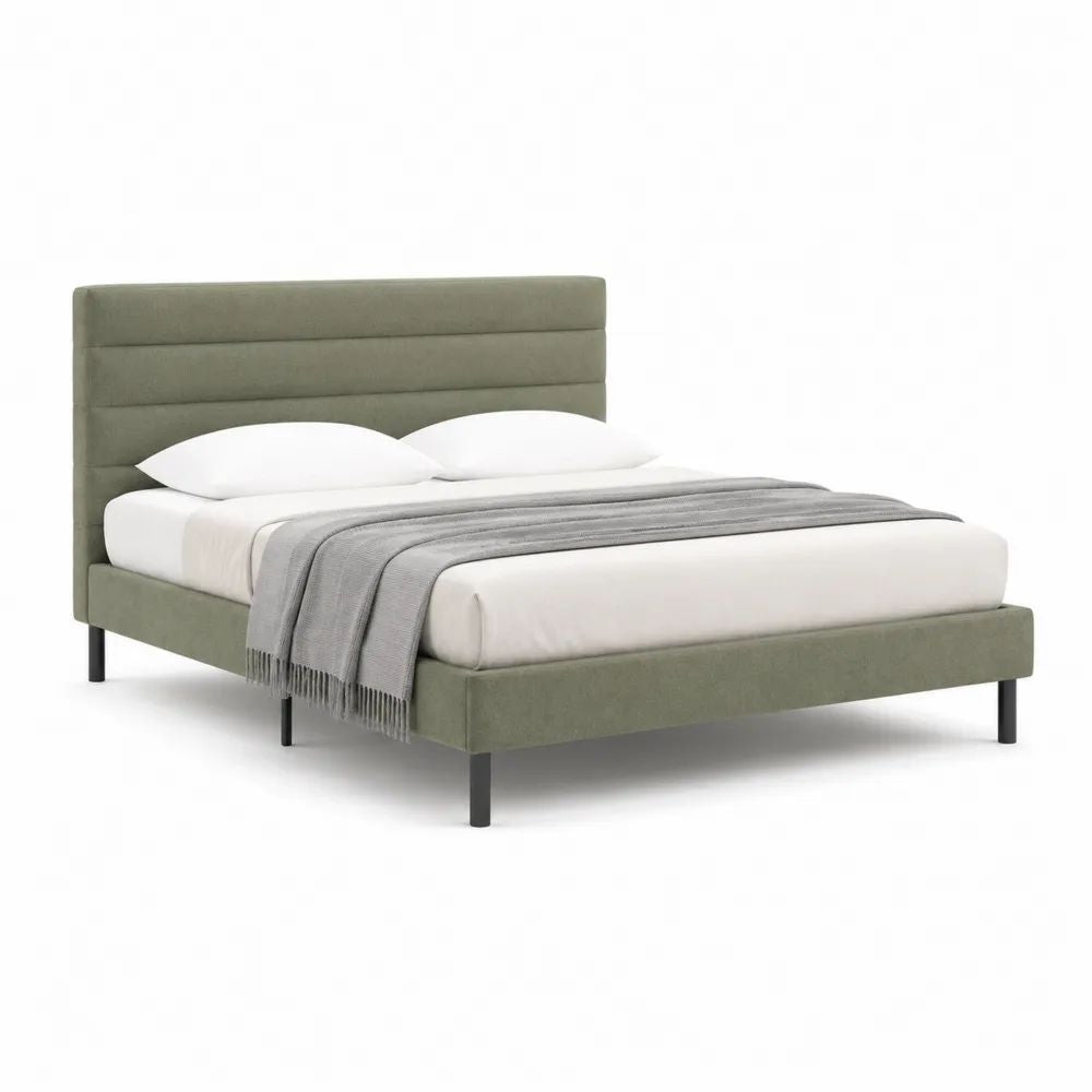 Lit double rembourré 160 × 200 cm en tissu vert sauge avec tête de lit rectangulaire et pieds en acier noir, 169 × 214 × 110 cm