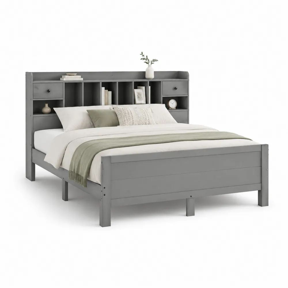 Lit double 160 x 200 cm en bois et MDF gris avec sommier, tête de lit bibliothèque, 8 niches et 2 tiroirs