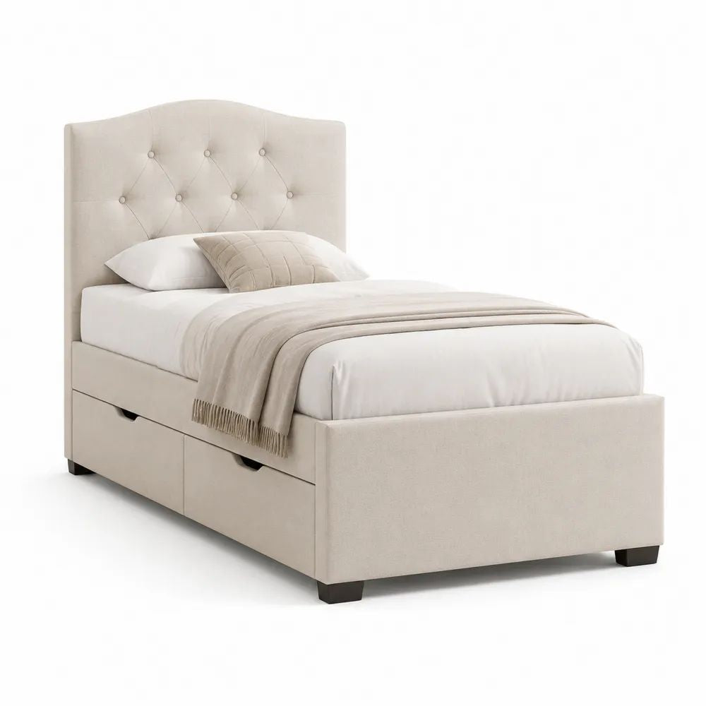 Lit simple en tissu beige avec tête capitonnée et 4 tiroirs, couchage 90 × 190 cm, dimensions 203 × 101 × 125 cm