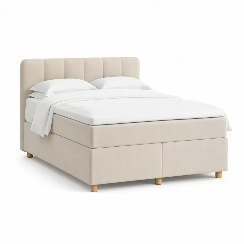 Lit continental 160 x 200 cm beige avec tête de lit en velours polyester, matelas à ressorts ensachés et surmatelas