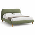 Lit double rembourré en tissu vert olive avec tête de lit, sommier à lattes et pieds en bois, couchage 160 x 200 cm, dimensions 216 x 179 x 110 cm