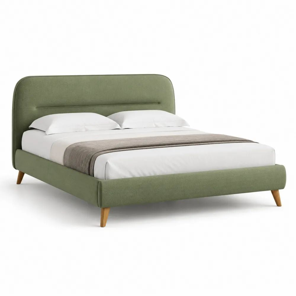 Lit double rembourré en tissu vert olive avec tête de lit, sommier à lattes et pieds en bois, couchage 160 x 200 cm, dimensions 216 x 179 x 110 cm