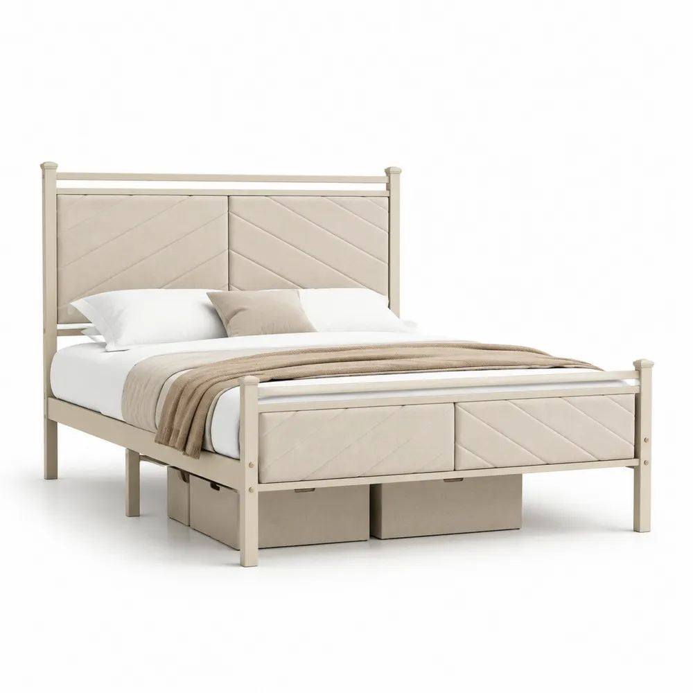 Cadre de lit double 140 × 190 cm en acier et tissu beige avec tête et pied rembourrés, 198 × 147 × 120 cm