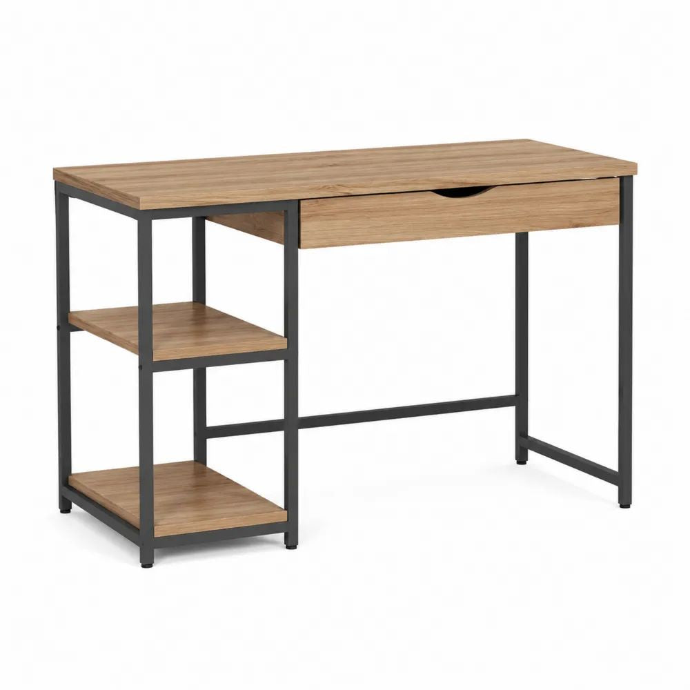Bureau rectangulaire en bois et acier avec 1 tiroir et 2 étagères, chêne et noir, 120 x 50 x 75 cm