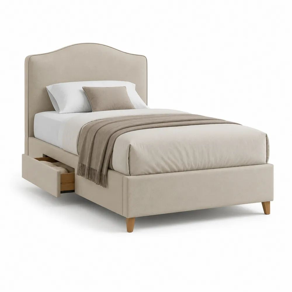 Lit double en tissu beige 140 × 190 cm avec tête de lit arrondie, sommier à lattes et tiroir de rangement