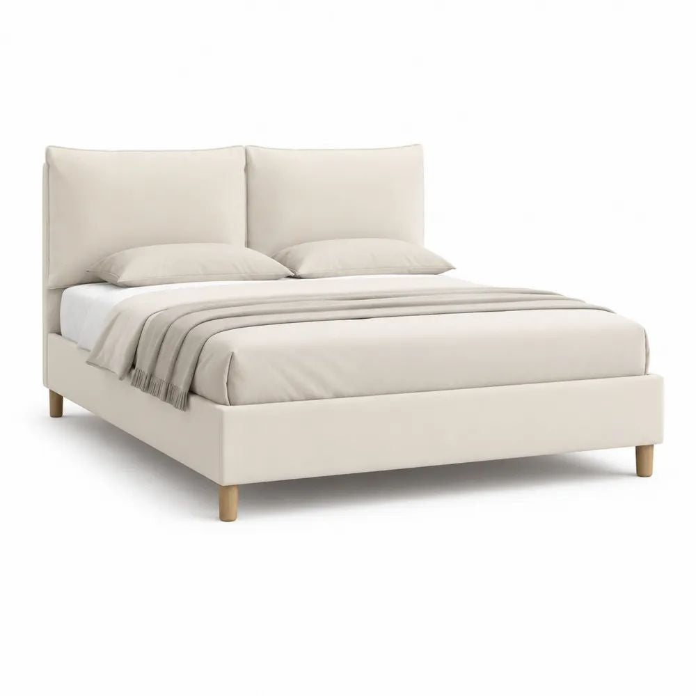 Lit double rembourré en tissu beige 160 x 200 cm avec tête de lit à deux panneaux et pieds en bois, dimensions 174 x 216 x 110 cm