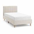 Lit double rembourré en polyester beige et marron clair avec tête de lit, couchage 140 × 190 cm