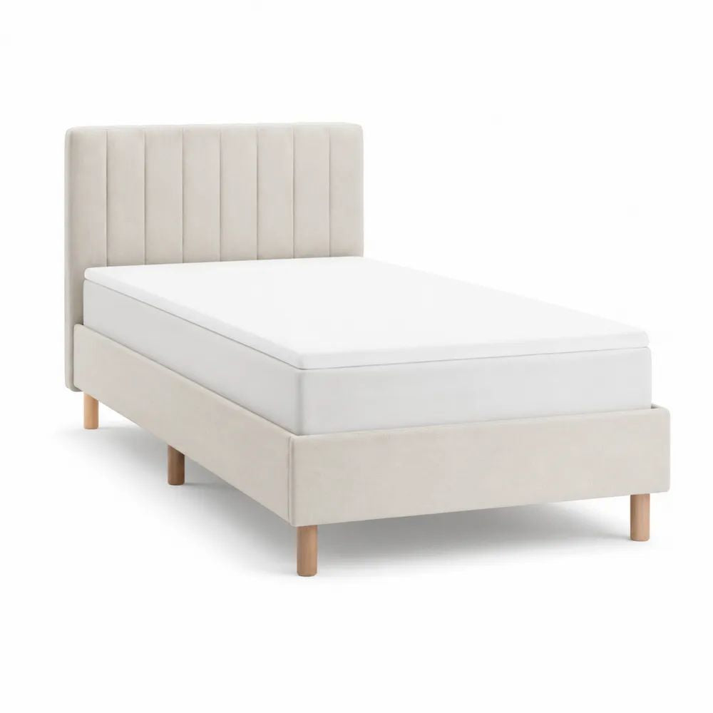 Lit double rembourré en polyester beige et marron clair avec tête de lit, couchage 140 × 190 cm