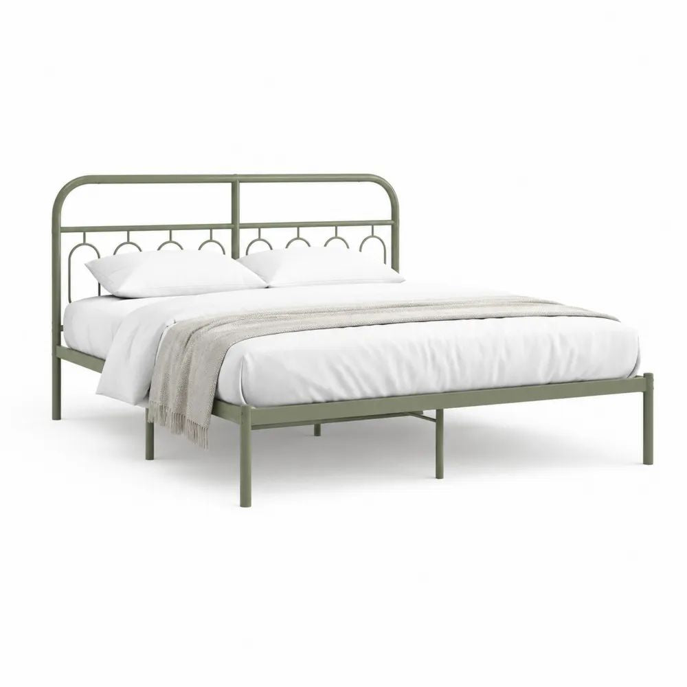 Lit double en acier vert olive avec sommier et tête de lit arrondie, couchage 160 × 200 cm, dimensions 207 × 166 × 110 cm