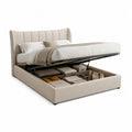 Lit coffre double beige 160 × 200 cm avec sommier relevable et tête de lit rembourrée en polyester