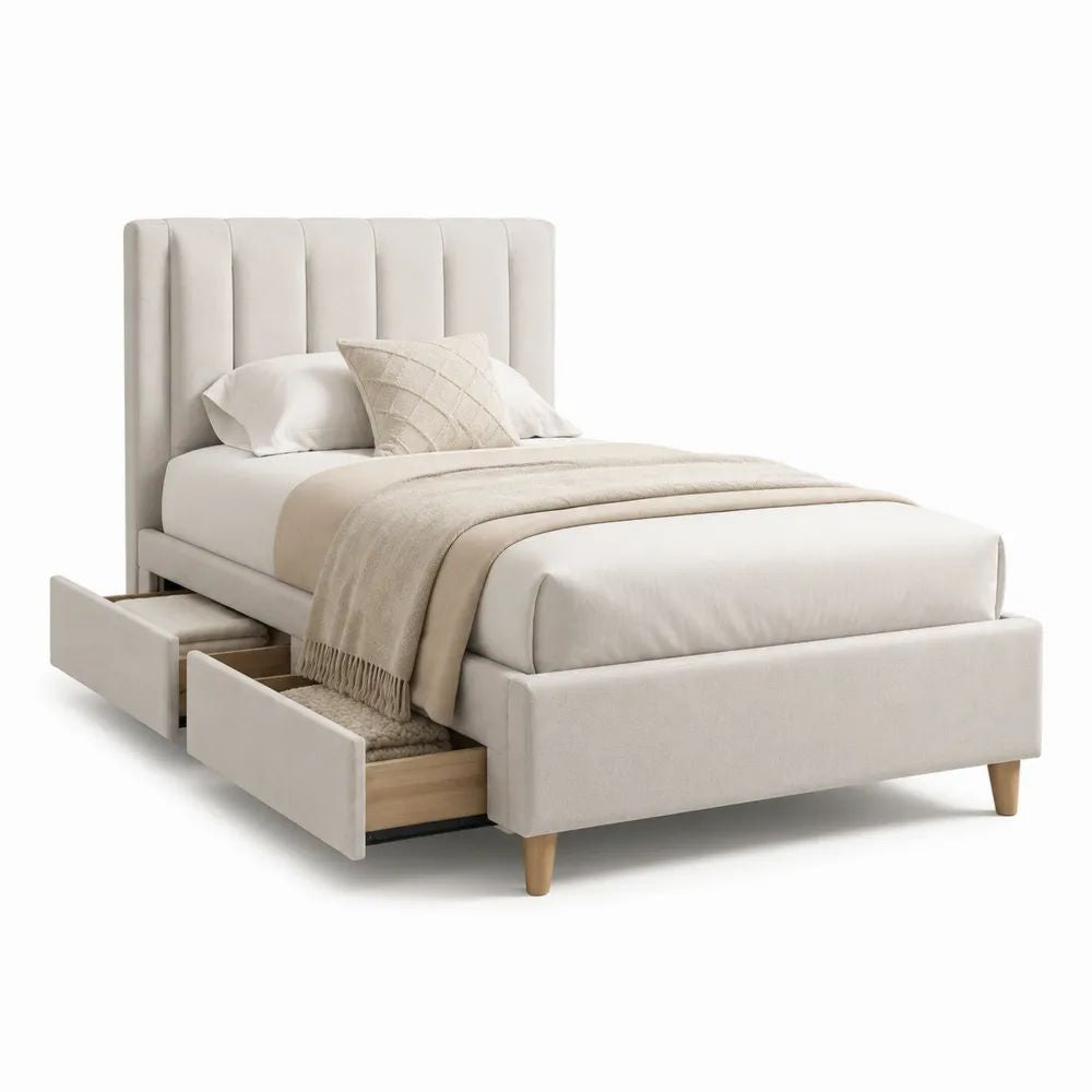 Lit double rembourré en polyester beige clair avec 2 tiroirs de rangement, couchage 160 × 200 cm