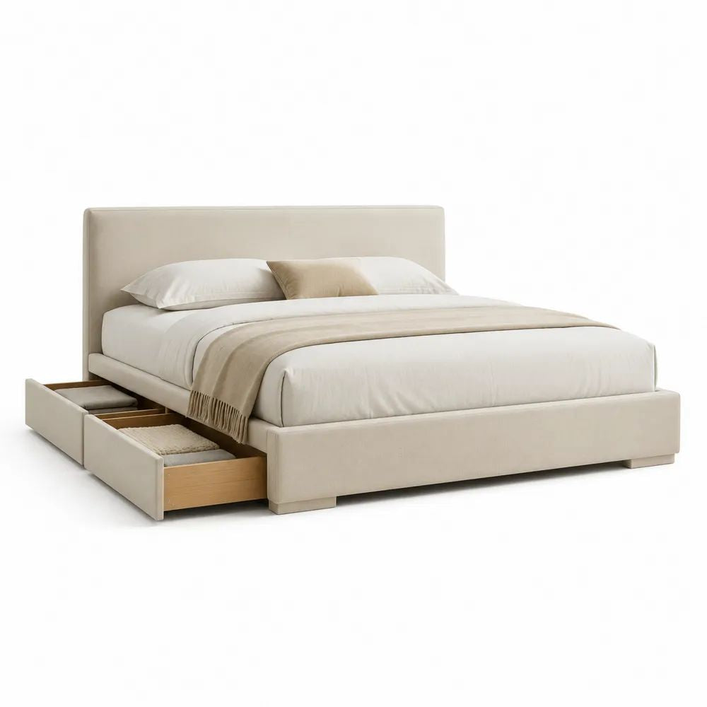 Lit double rembourré en polyester beige avec 2 tiroirs, couchage 160 × 200 cm, dimensions 176 × 218 × 110 cm
