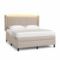 Lit double rembourré en tissu beige avec tête de lit à éclairage LED, couchage 160 × 200 cm, dimensions 172 × 214 × 120 cm