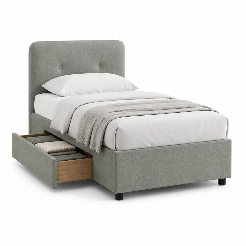 Lit simple gris avec tiroir de rangement, sommier à lattes et cadre rembourré en polyester, couchage 90 × 190 cm, dimensions 99 × 203 × 112 cm
