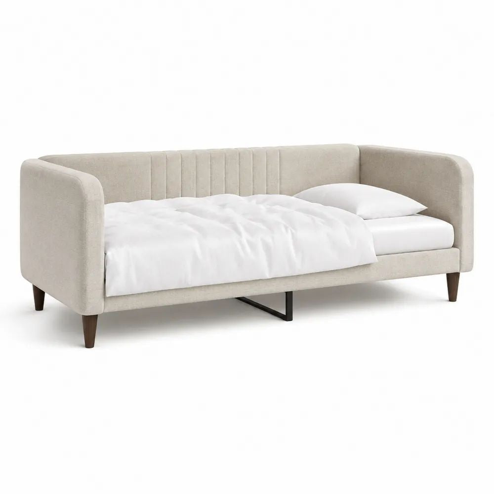 Lit banquette rectangulaire 1 place rembourré en polyester beige, couchage 90 × 190 cm, dimensions 209 × 101 × 86 cm