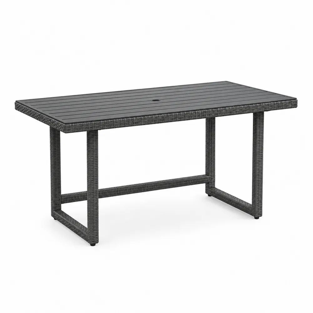Table de jardin rectangulaire en rotin PE et acier avec plateau composite noir, 140 × 70 × 74 cm