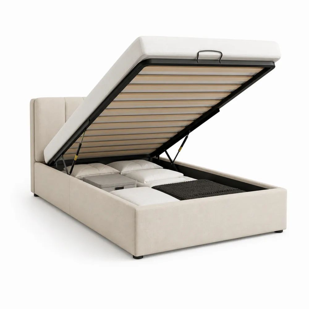 Lit coffre 2 places en tissu beige clair 205 × 149 × 105 cm, couchage 140 × 190 cm, sommier relevable en acier