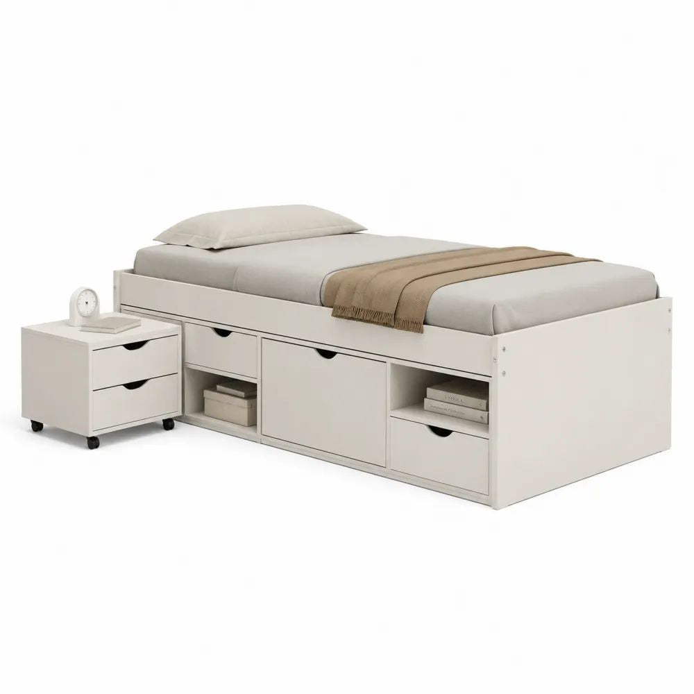 Lit simple en panneaux de particules avec rangements intégrés et chevet mobile, blanc cassé, couchage 90 x 190 cm